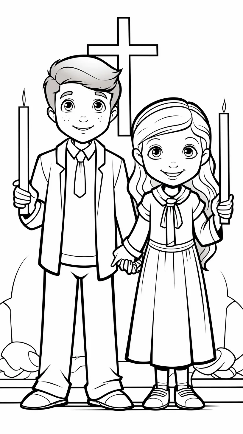 coloring page displaying a young boy and young girl holding hands in a baptism ceremony.