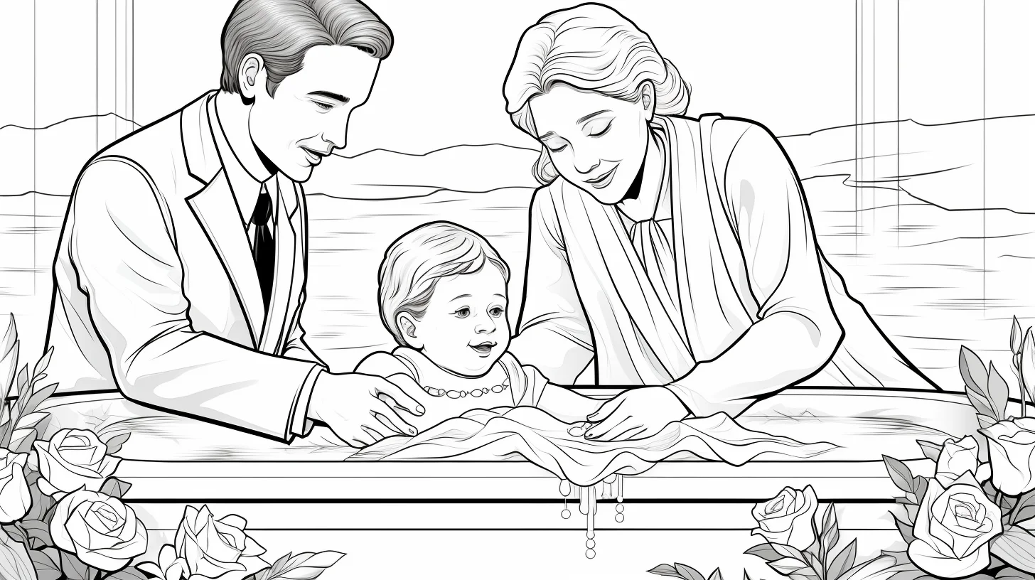 coloring page showing a family, father, mother, and son in a baptism ceremony.