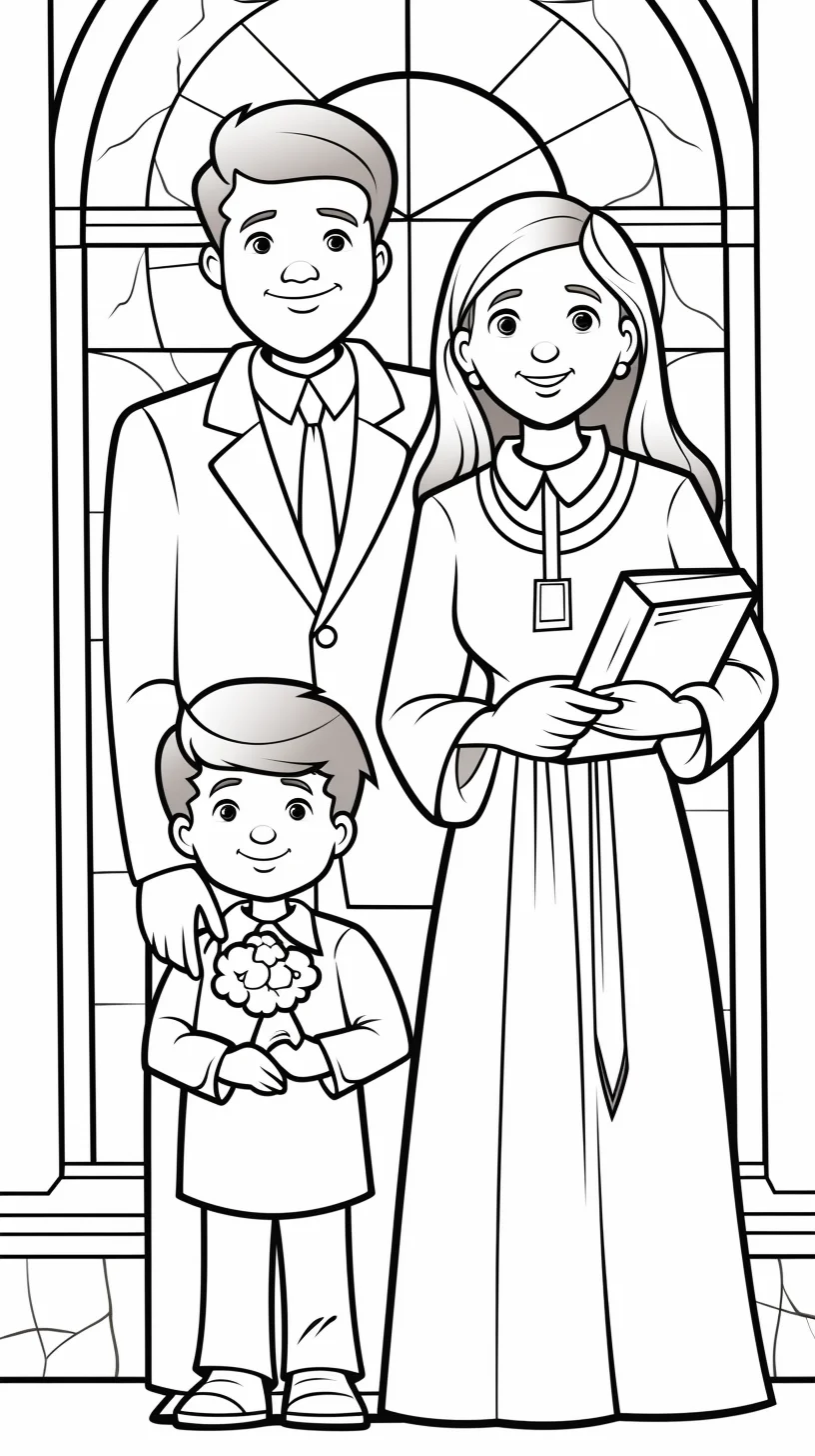 coloring page illustrating a family, father, mother, and son in a baptism ceremony.