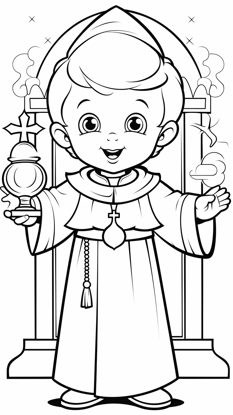 Easy baptism coloring page showing a young Catholic Christian boy for kids in a baptism ceremony.