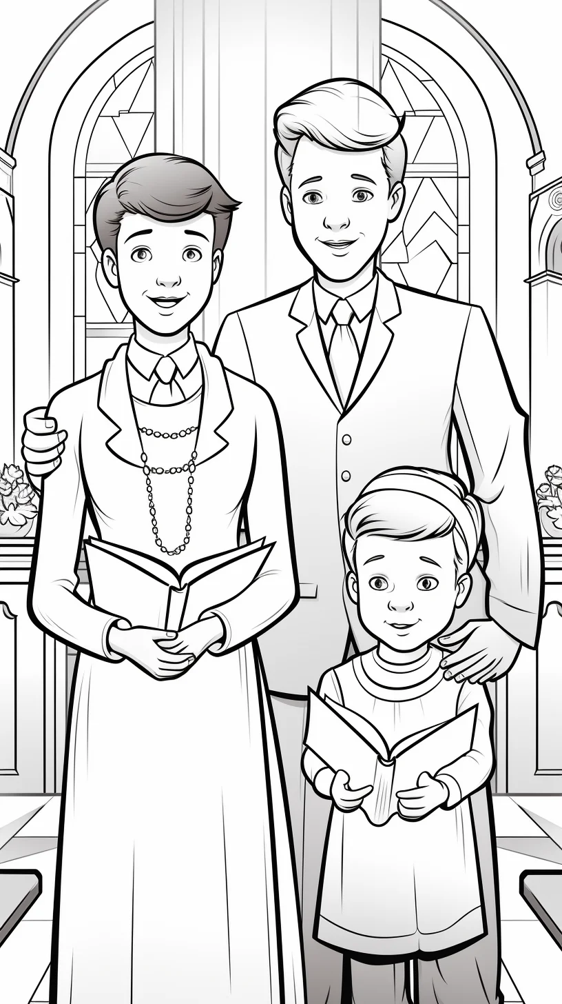 Realistic baptism coloring page showing a Catholic Christian family in a baptism ceremony.