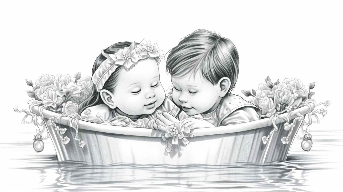 Realistic baptism coloring page showing a Catholic Christian boy and girl baby in a baptism ceremony.