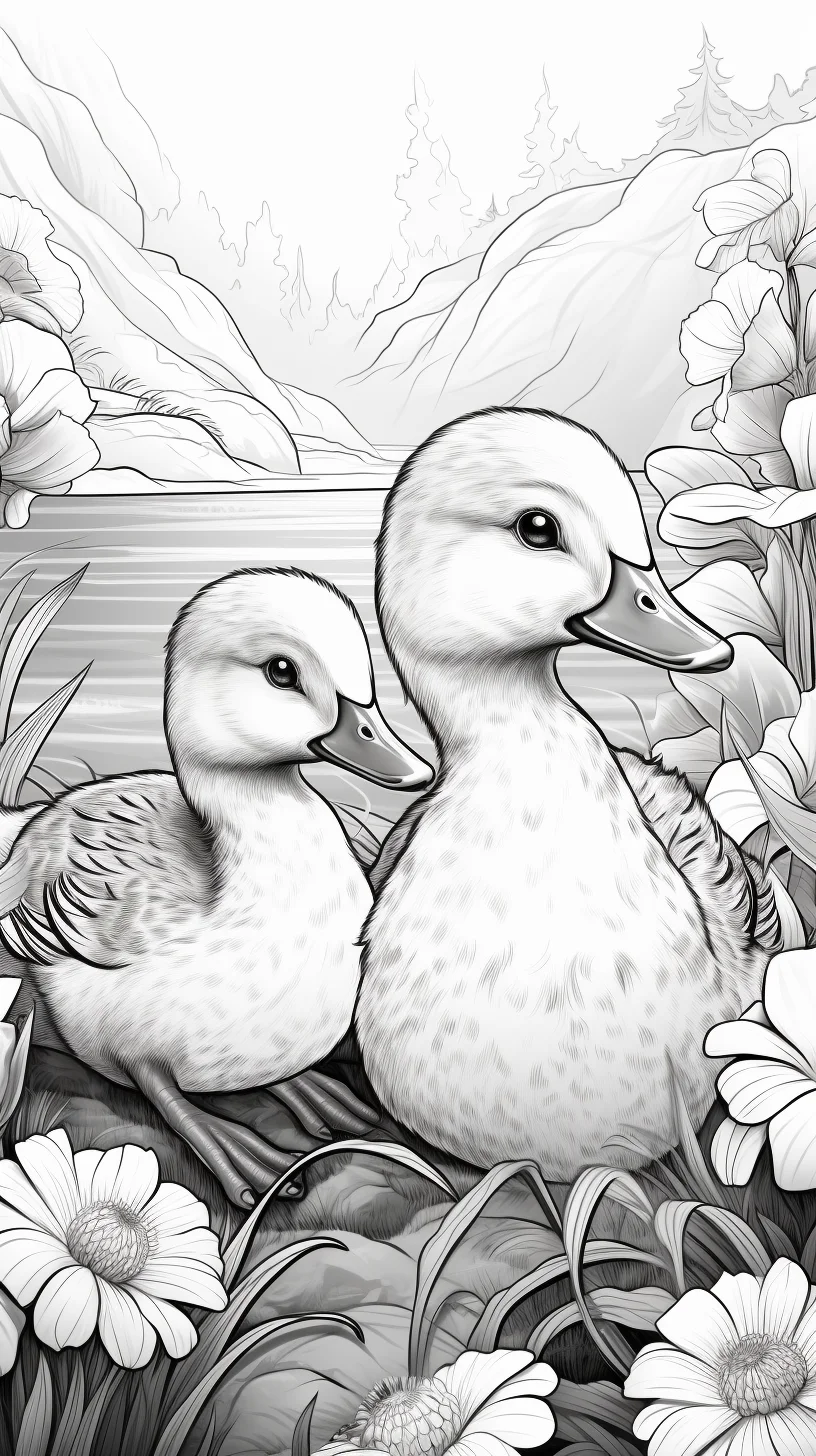 realistic duck with a duckling in a format of a coloring page
