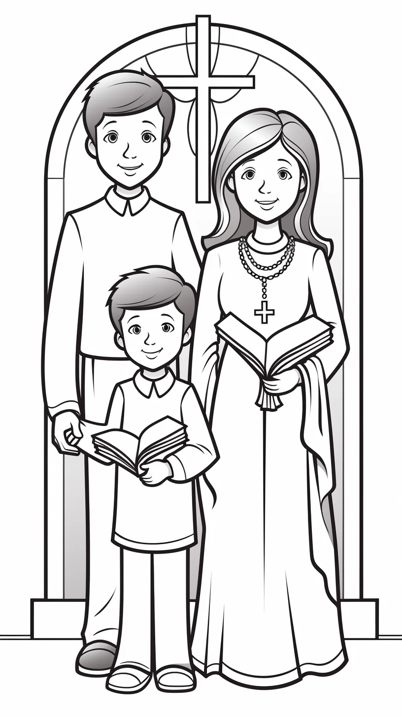 baptism coloring sheet displaying a Catholic Christian family: mother father and a young boy.