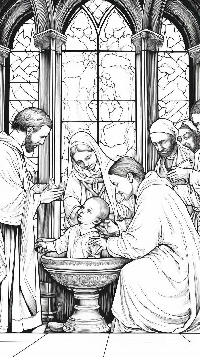 realistic-looking coloring page picturing the ceremony of baptism.