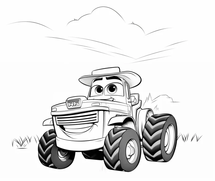 cartoon looking tractor with a face in a coloring page format