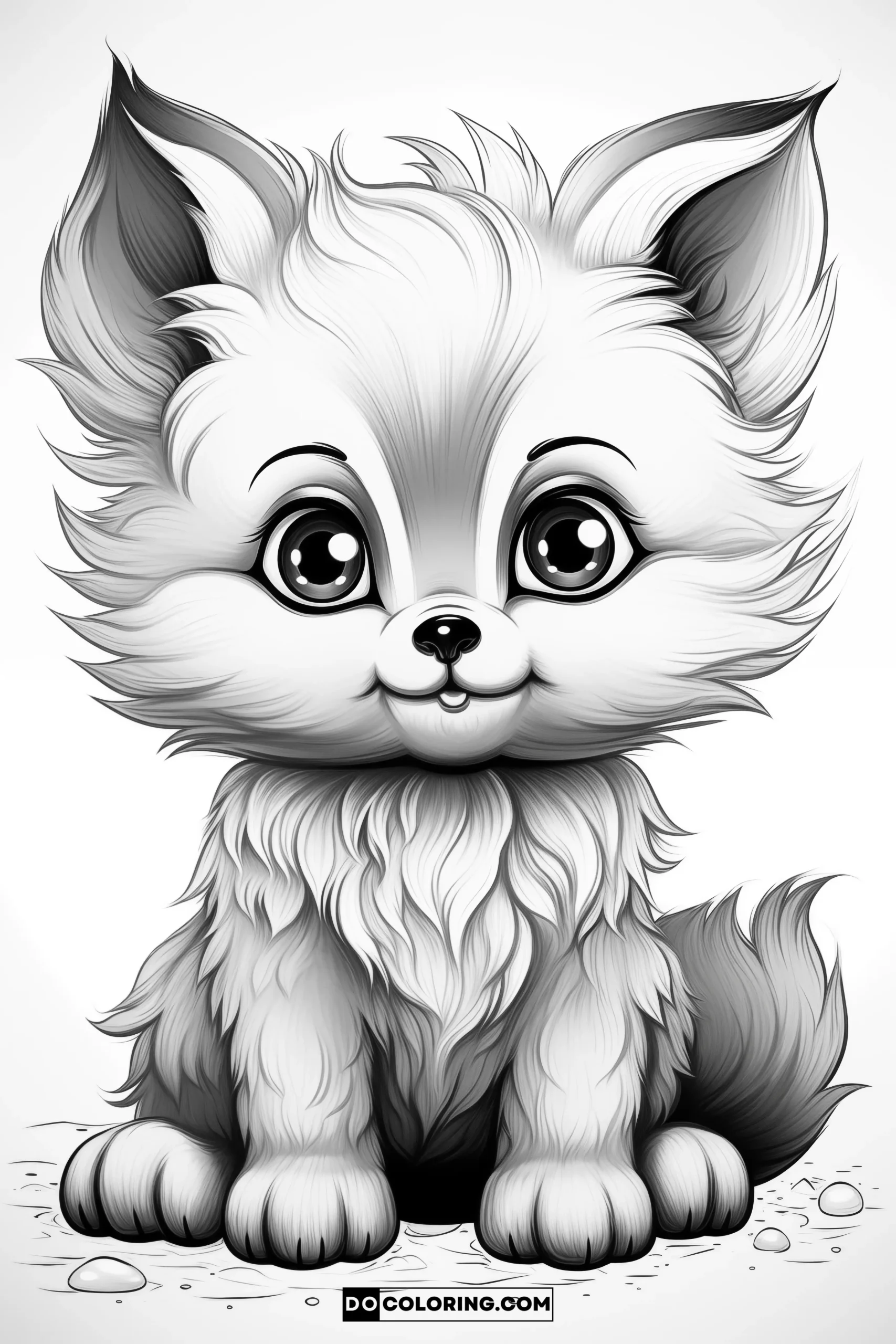 A charming depiction of a fluffy baby fox, offering a delightful coloring experience for adults.