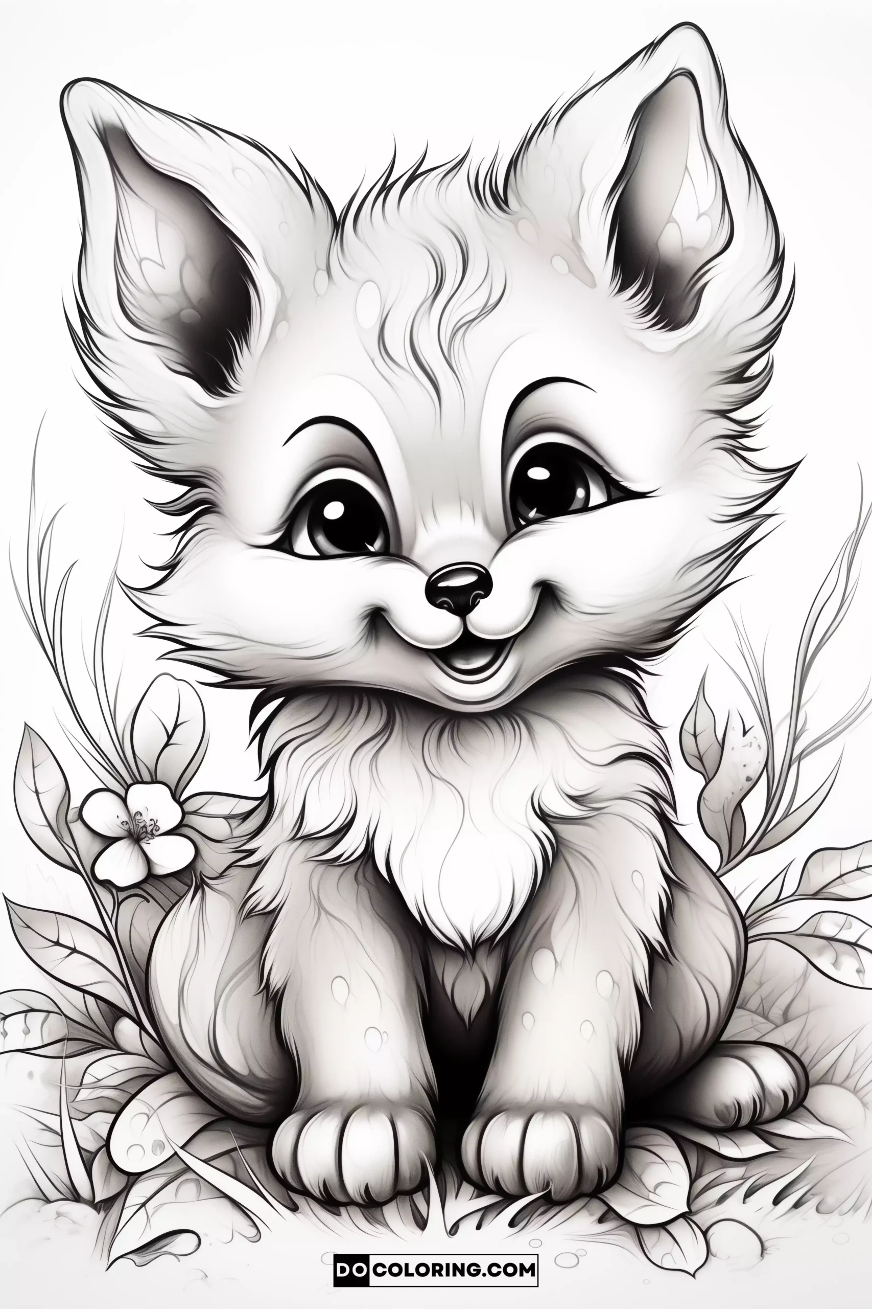 A high-quality image of a realistic cartoon baby fox coloring page carefully designed for adults.