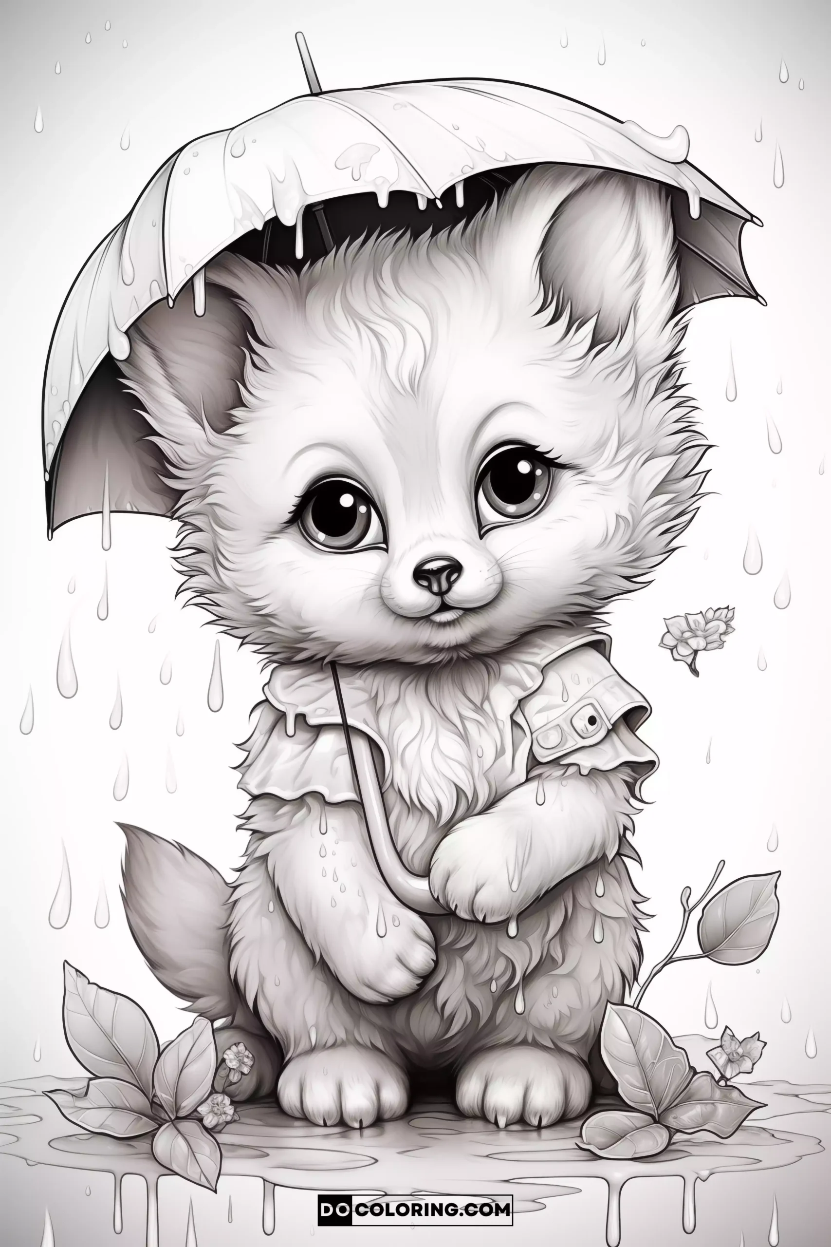 An adorable cartoon image of a baby fox, intricately detailed to offer a enjoyable coloring for adults.