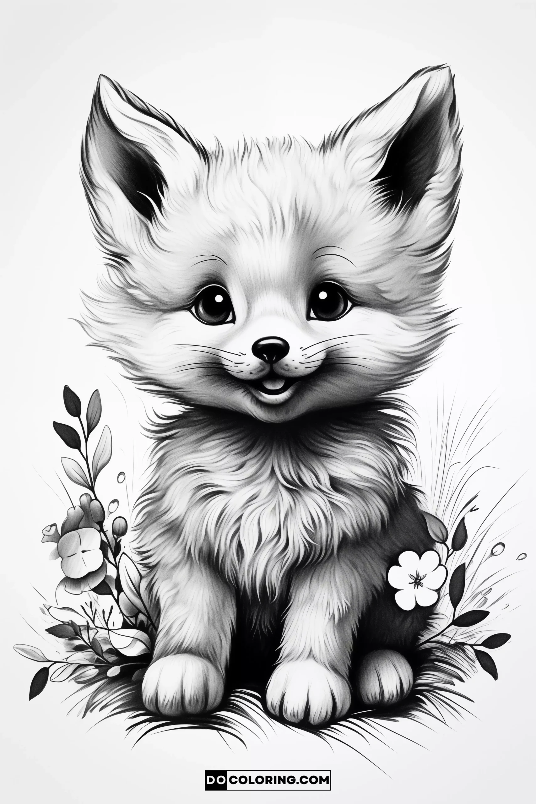 Realistic Baby Fox Illustration with Detailed Fur Patterns, Coloring Page