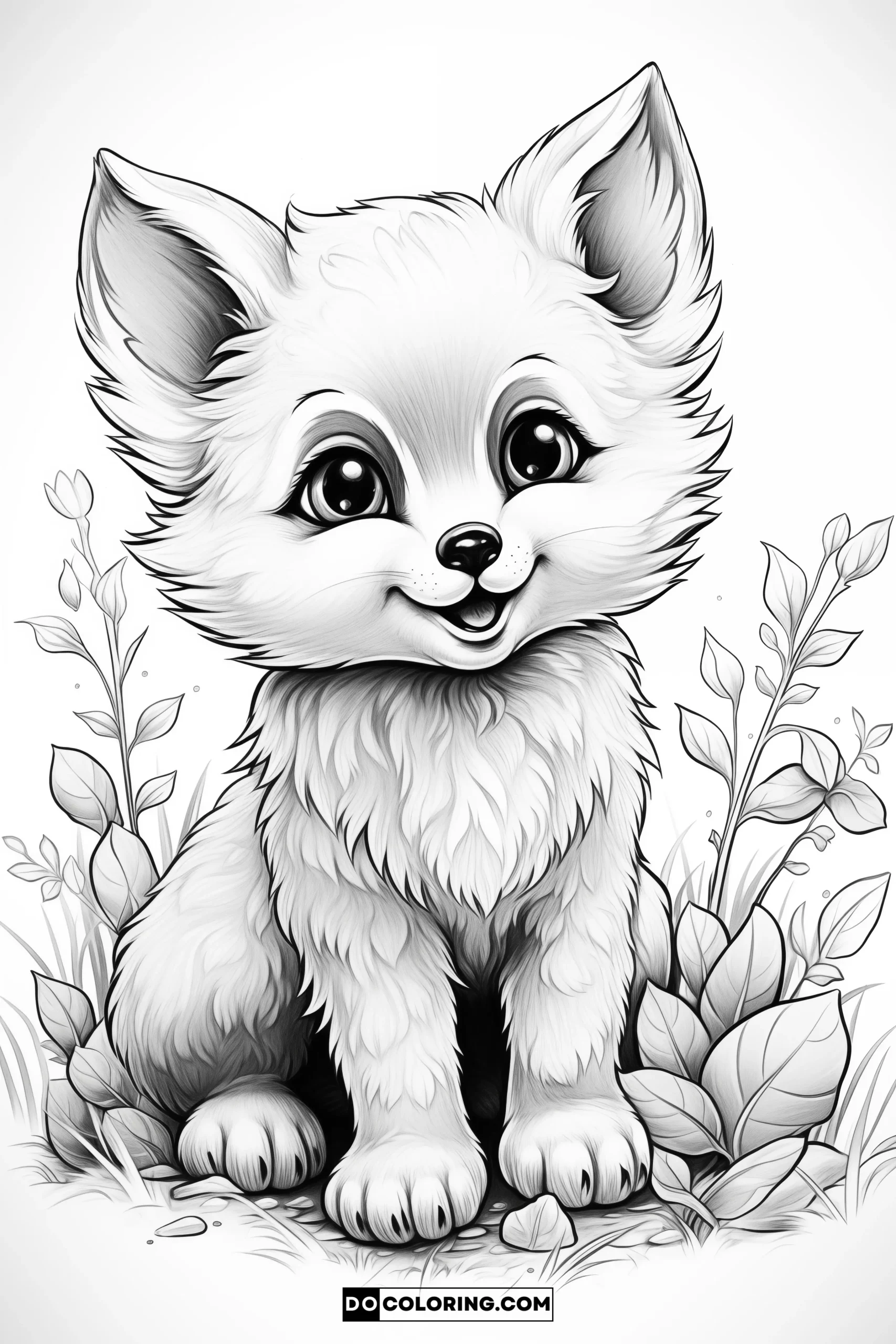 Fluffy Fox Cub in Playful Pose, Coloring Sheet