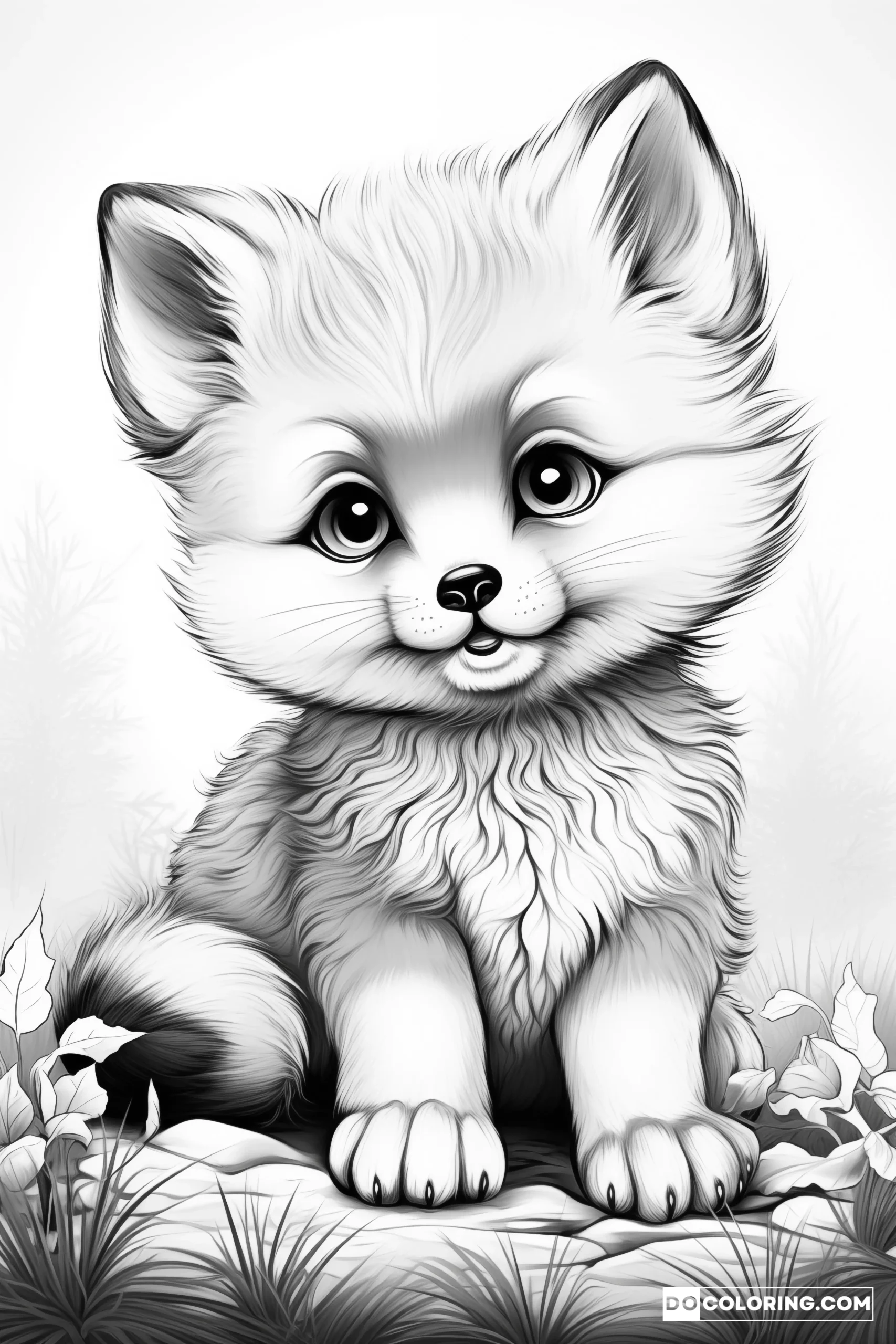 A meticulously designed coloring page showcasing a cute baby fox in a realistic style.
