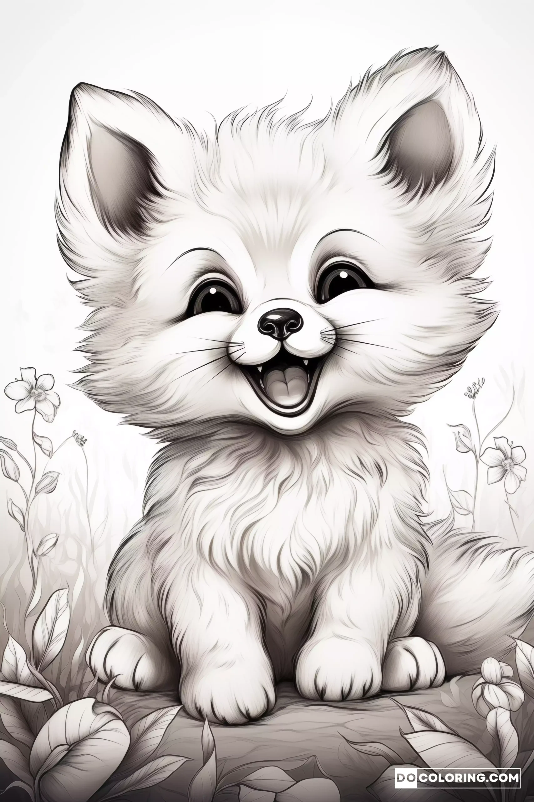 An intricately drawn baby fox with playful eyes and expressive features, coloring page for adults.