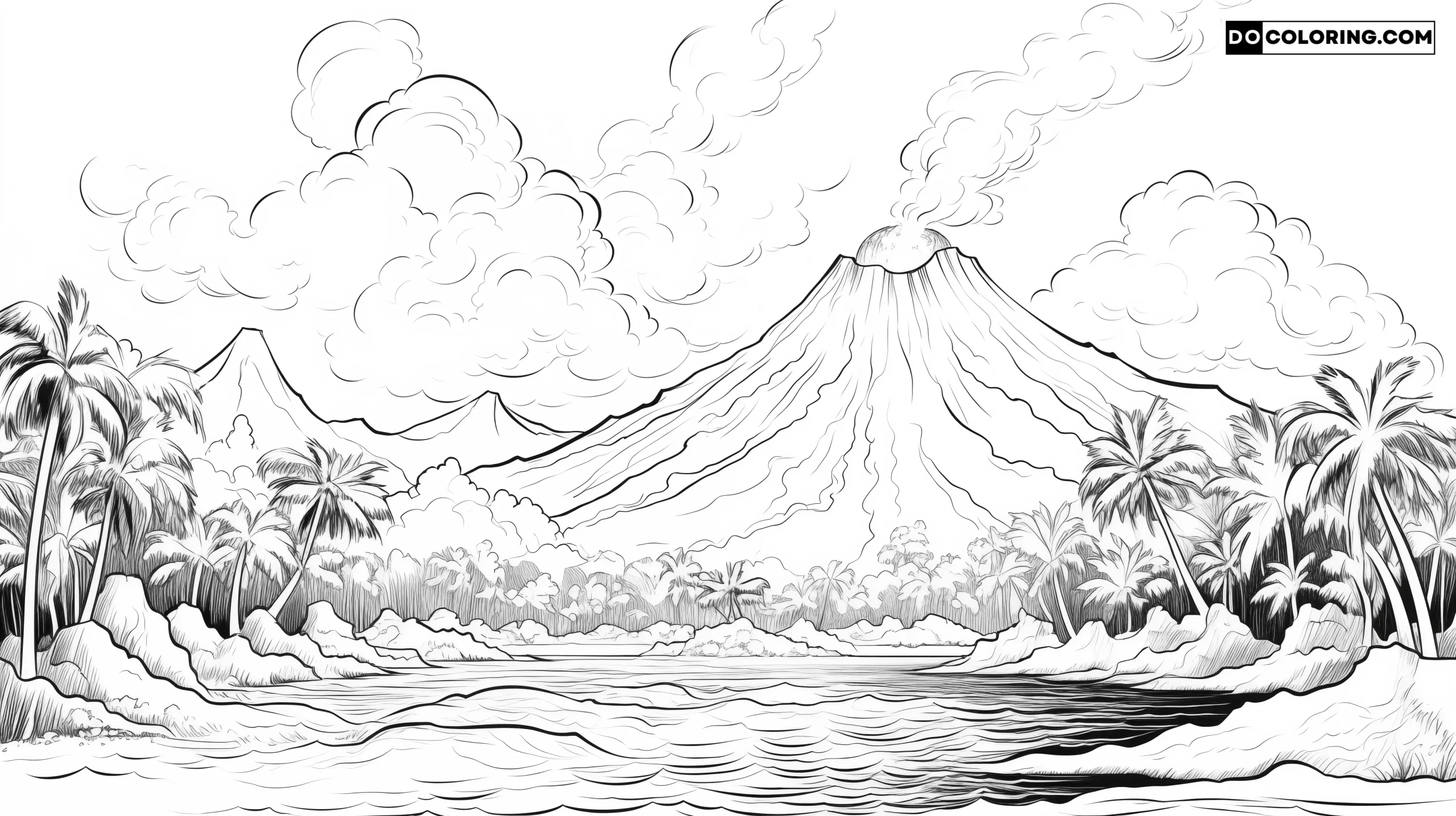 A volcano coloring template illustrating a volcanic peak, lava flows, and a scenic environment.