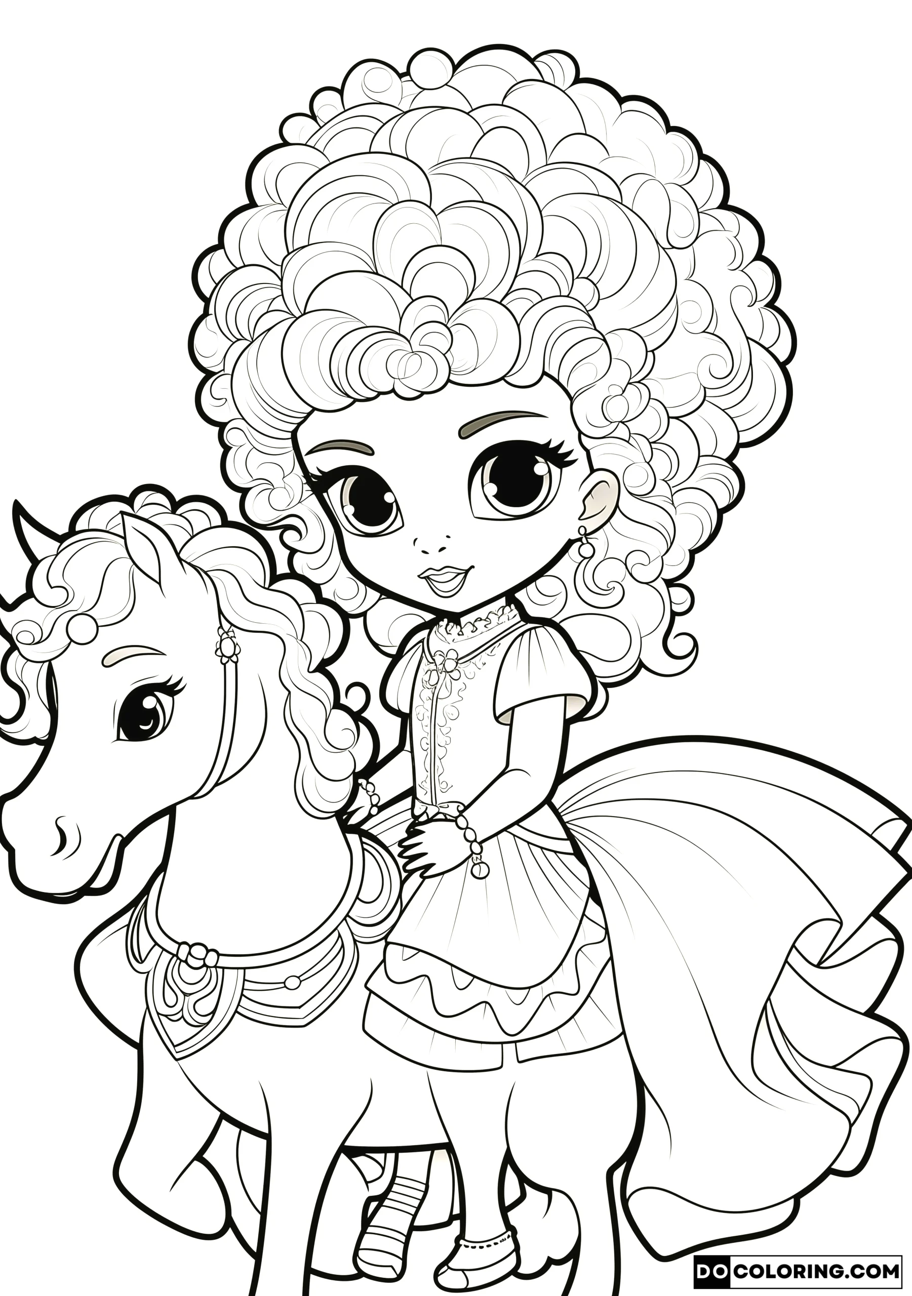 Black baby princess coloring page riding a cute pony unicorn, featuring large anime-style eyes and Afro curly natural hair
