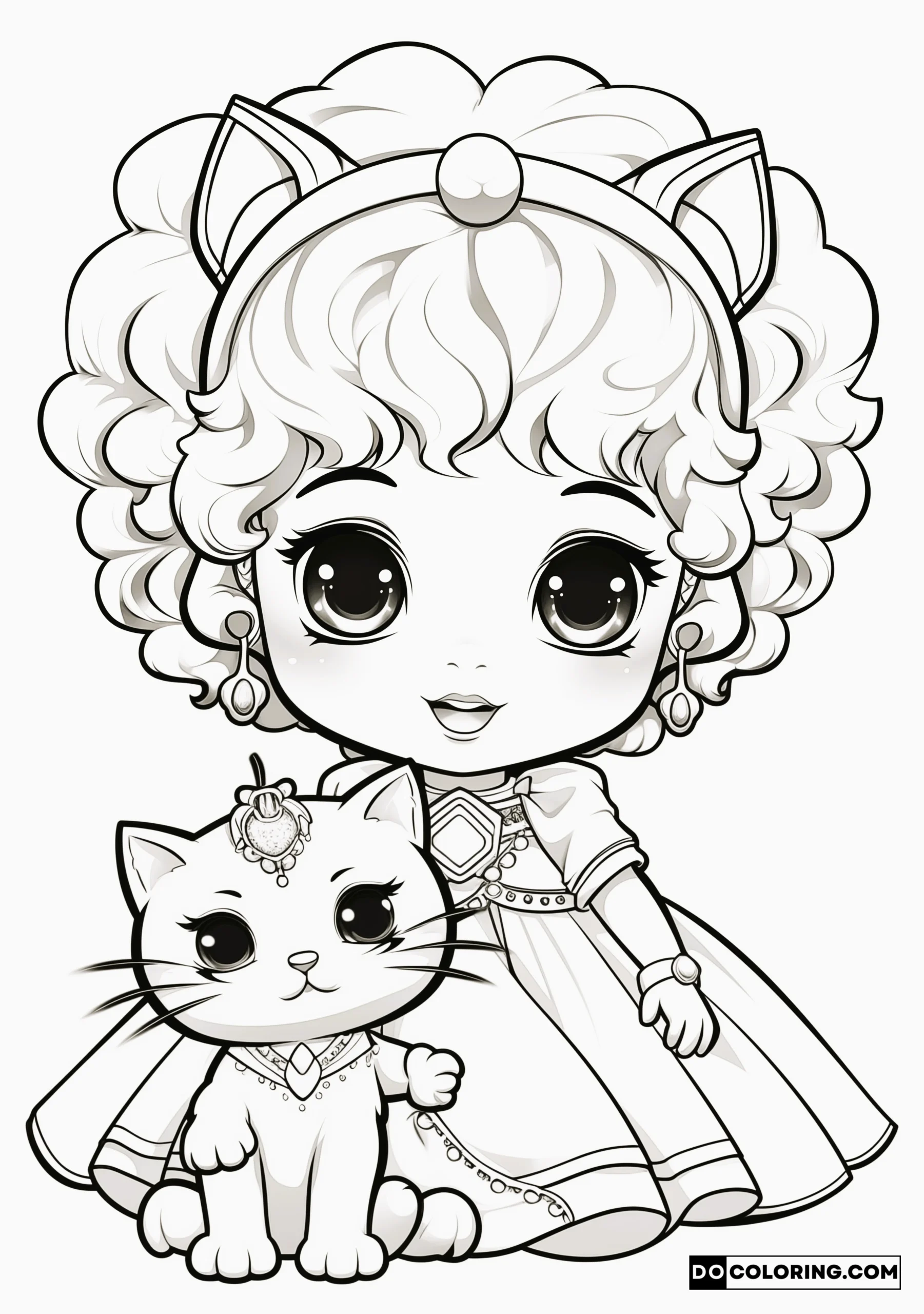 The coloring page features a black girl princess with a cute cat on her lap