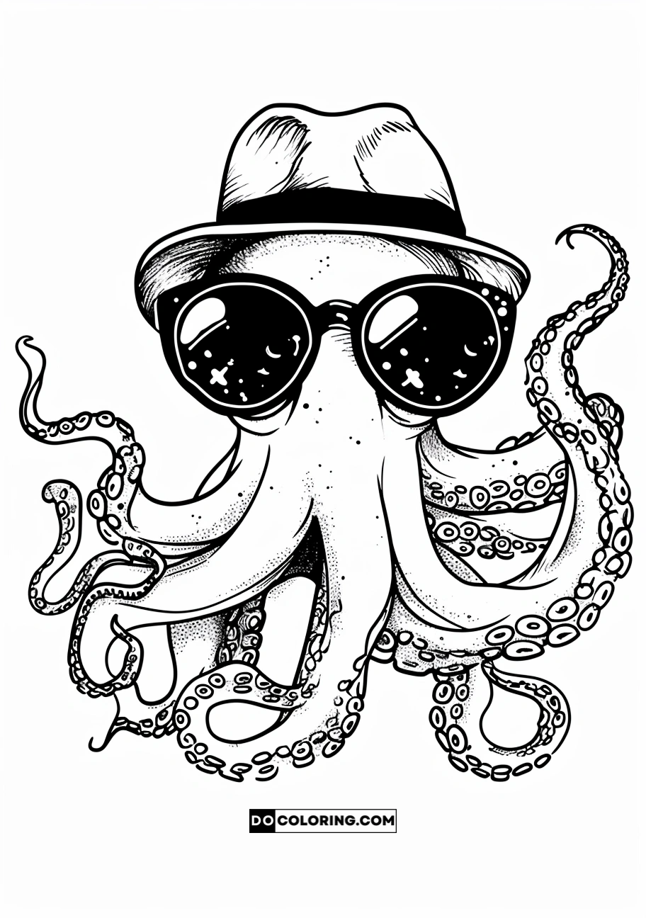 Artistic octopus with hat and sunglasses, a stylish design for adults.