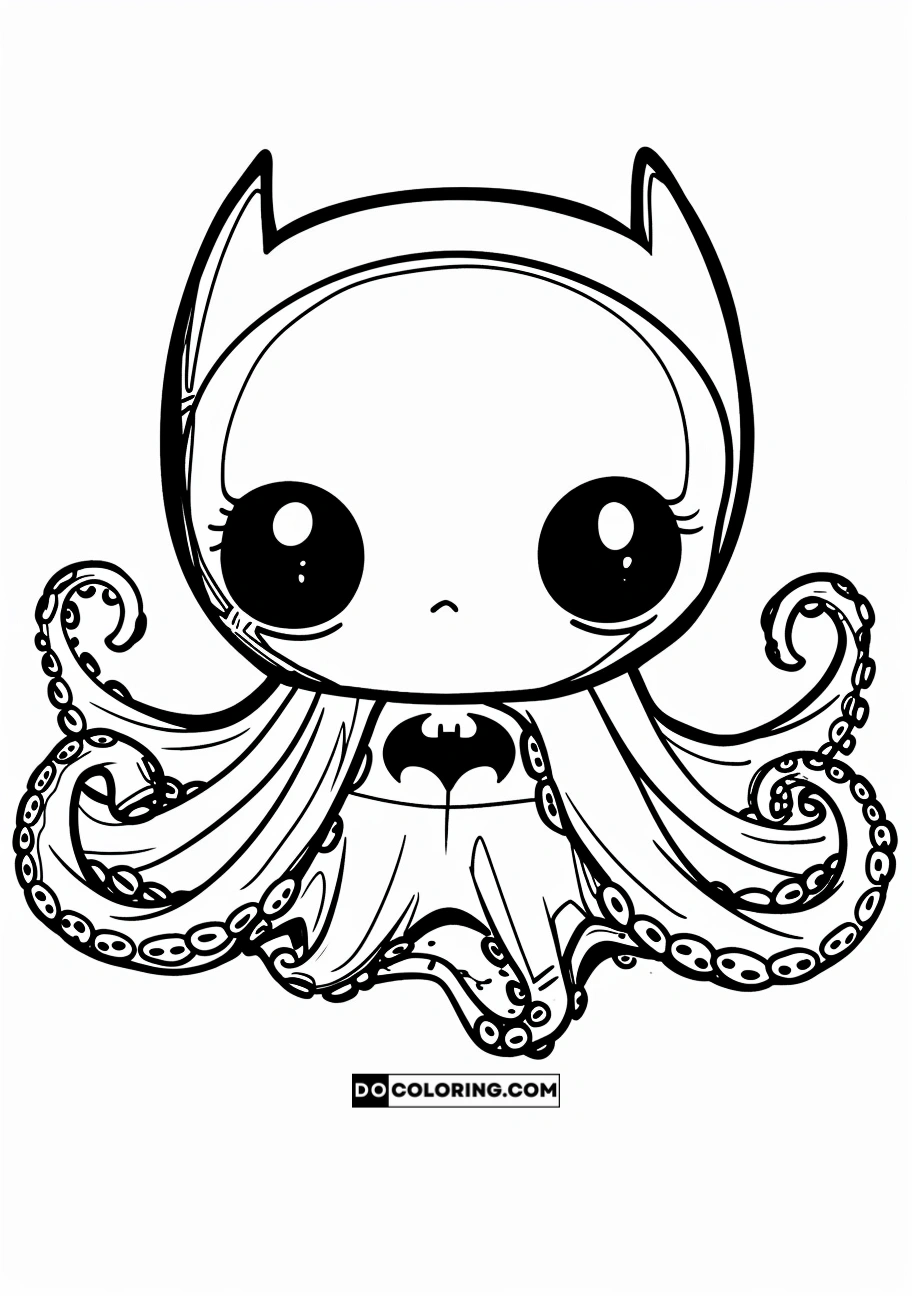 Free printable coloring page featuring a kawaii, cute, and chibi octopus in adorable Batman costume