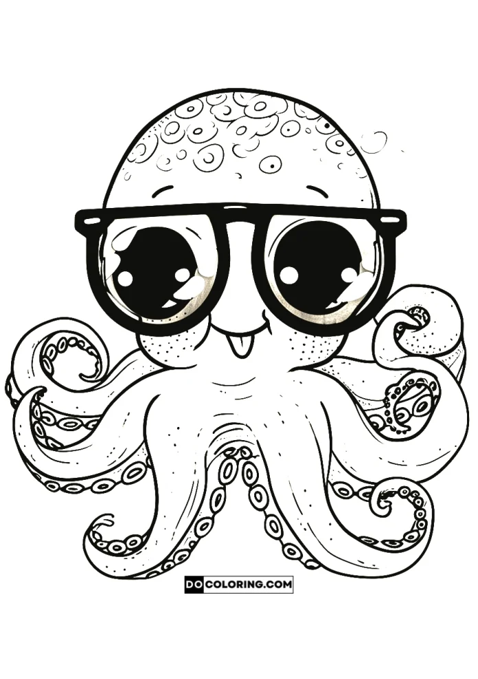 Coloring page of an adorable baby octopus with a cute, kawaii-style smile, wearing glasses and looking charmingly happy
