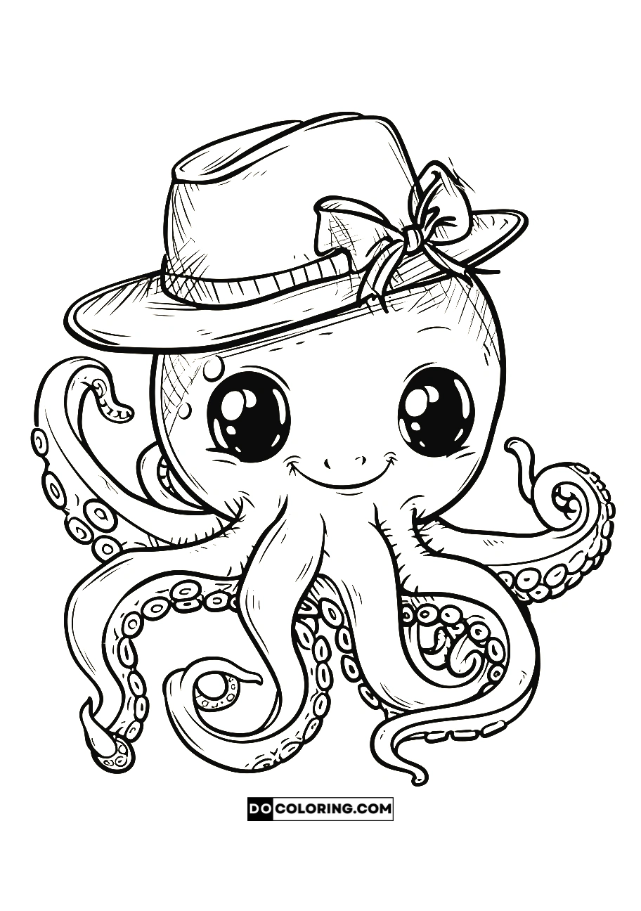 Cute octopus with a fashionable hat, coloring page suitable for easy coloring