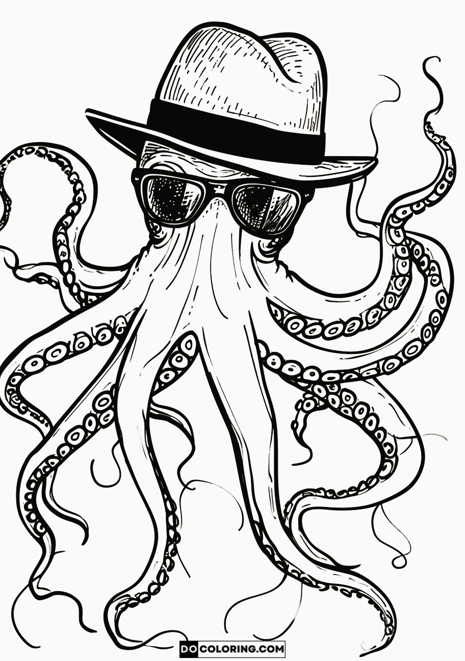 Cool octopus coloring page for adults with a trendy twist – adorable octopus donning a fedora hat and sunglasses