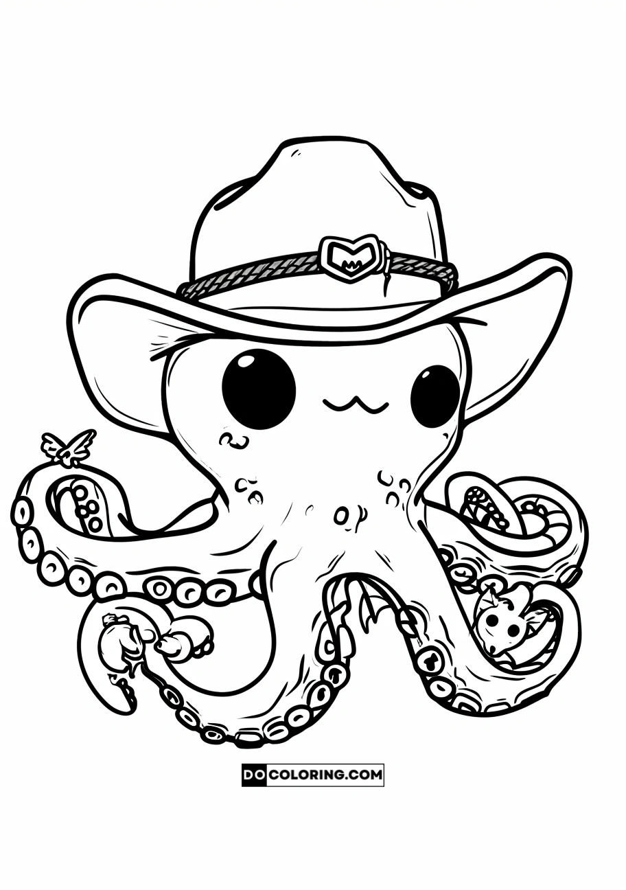 Printable coloring page, featuring kawaii and cute baby octopus with a cowboy hat