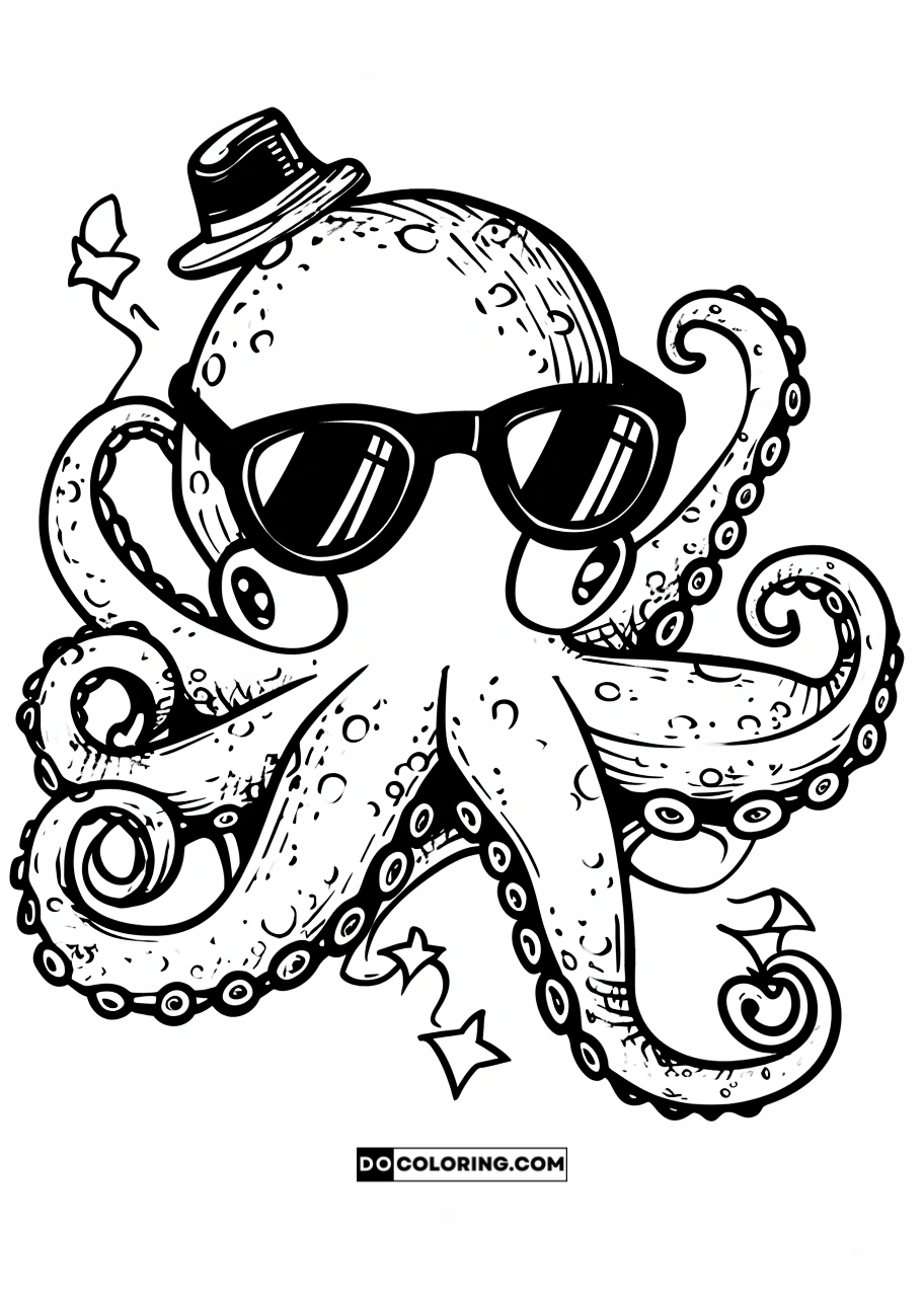 Charming Octopus in Stylish Hat and Sunglasses, Intricate Adult Coloring Page Illustration