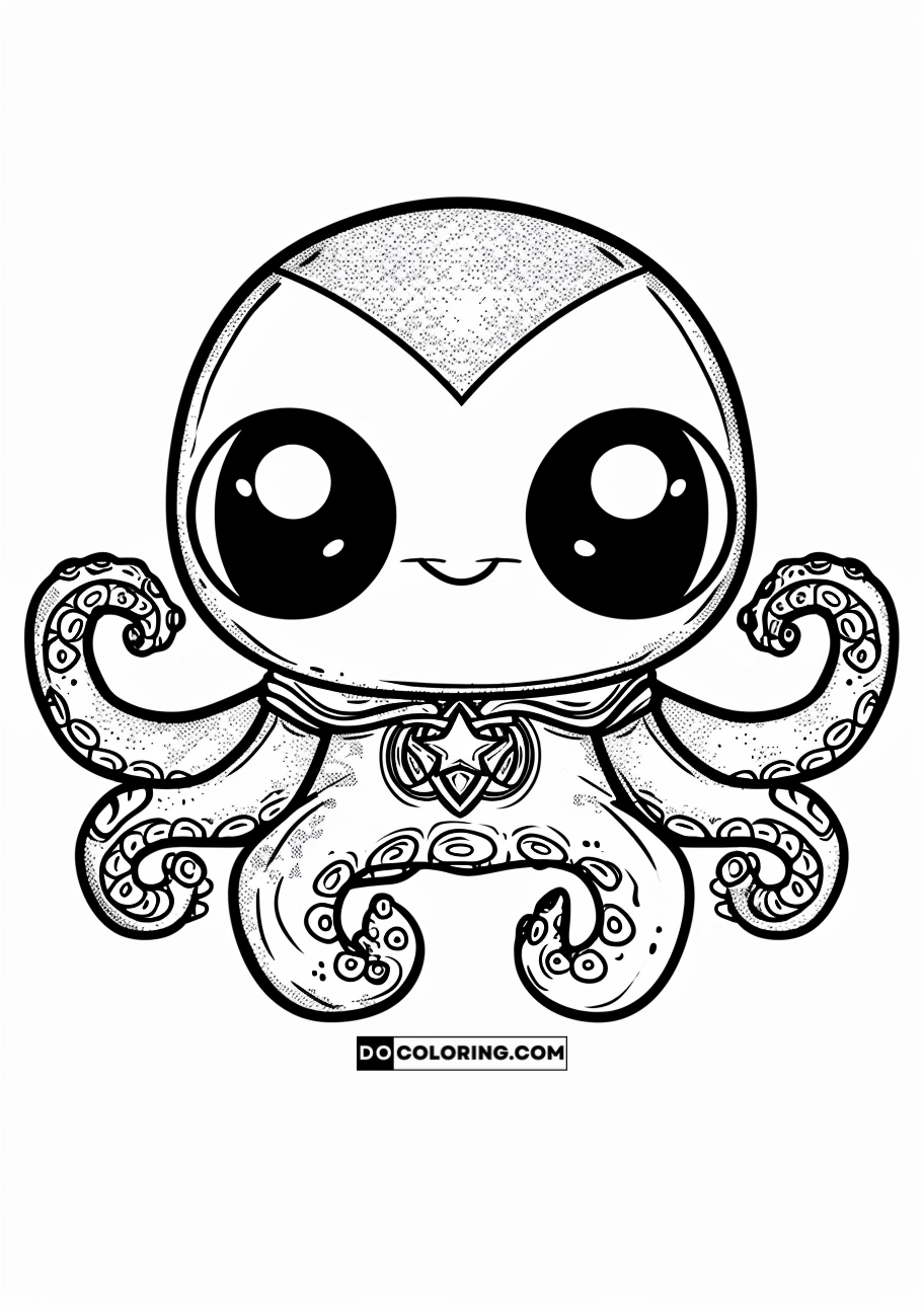 Coloring page of a cute chibi cartoon superhero octopus, perfect for kids and fans of adorable characters