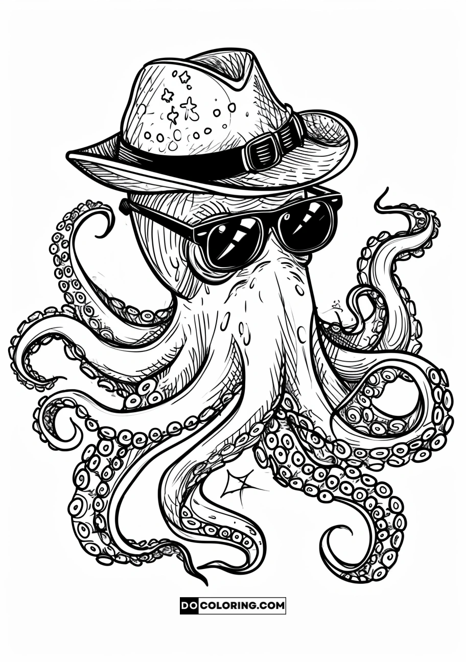 Detailed coloring page for adults featuring a stylish octopus adorned with a gentleman's hat and sunglasses, showcasing cool artistic design.