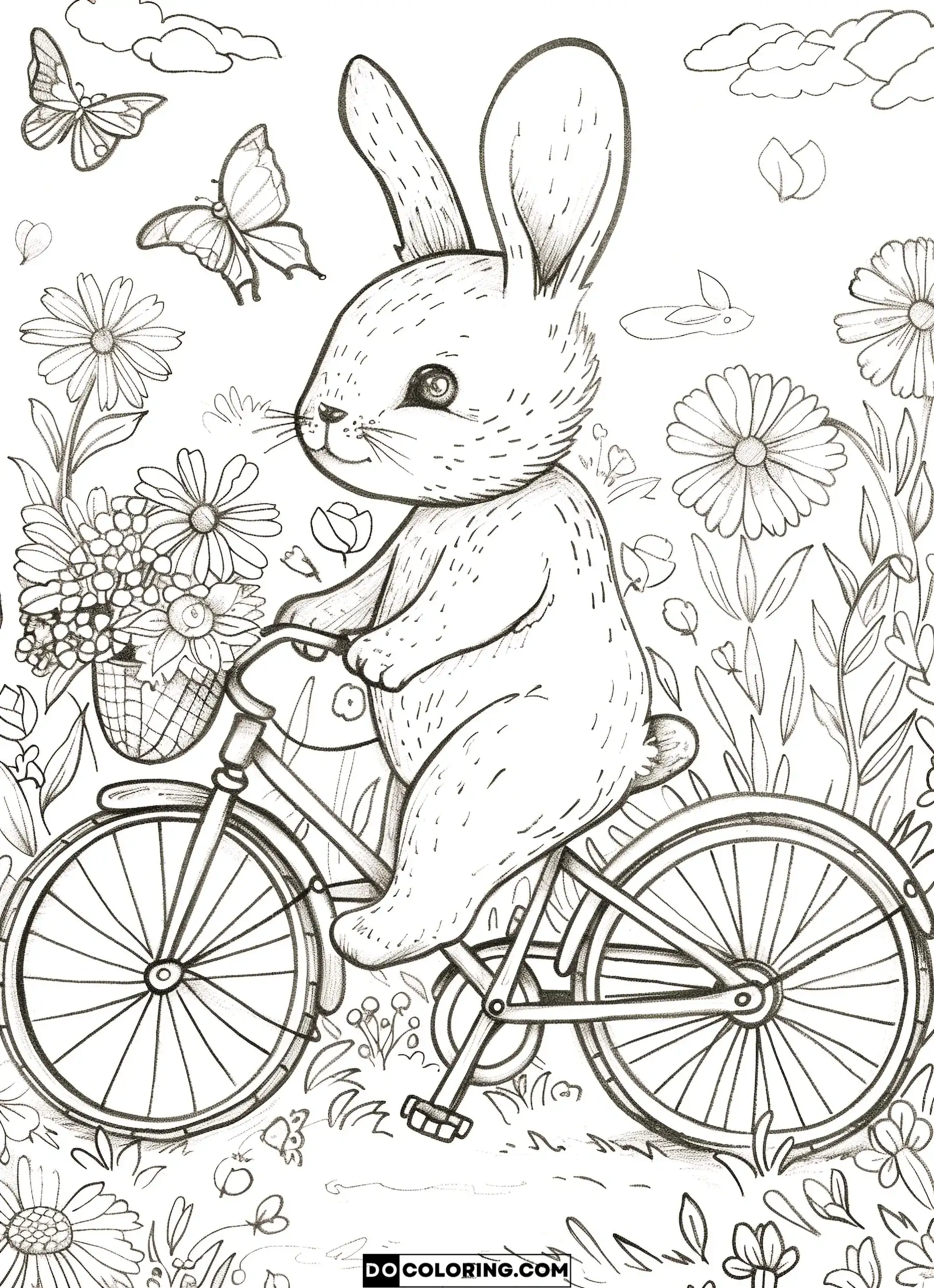 Whimsical Bunny Riding a Bicycle coloring page