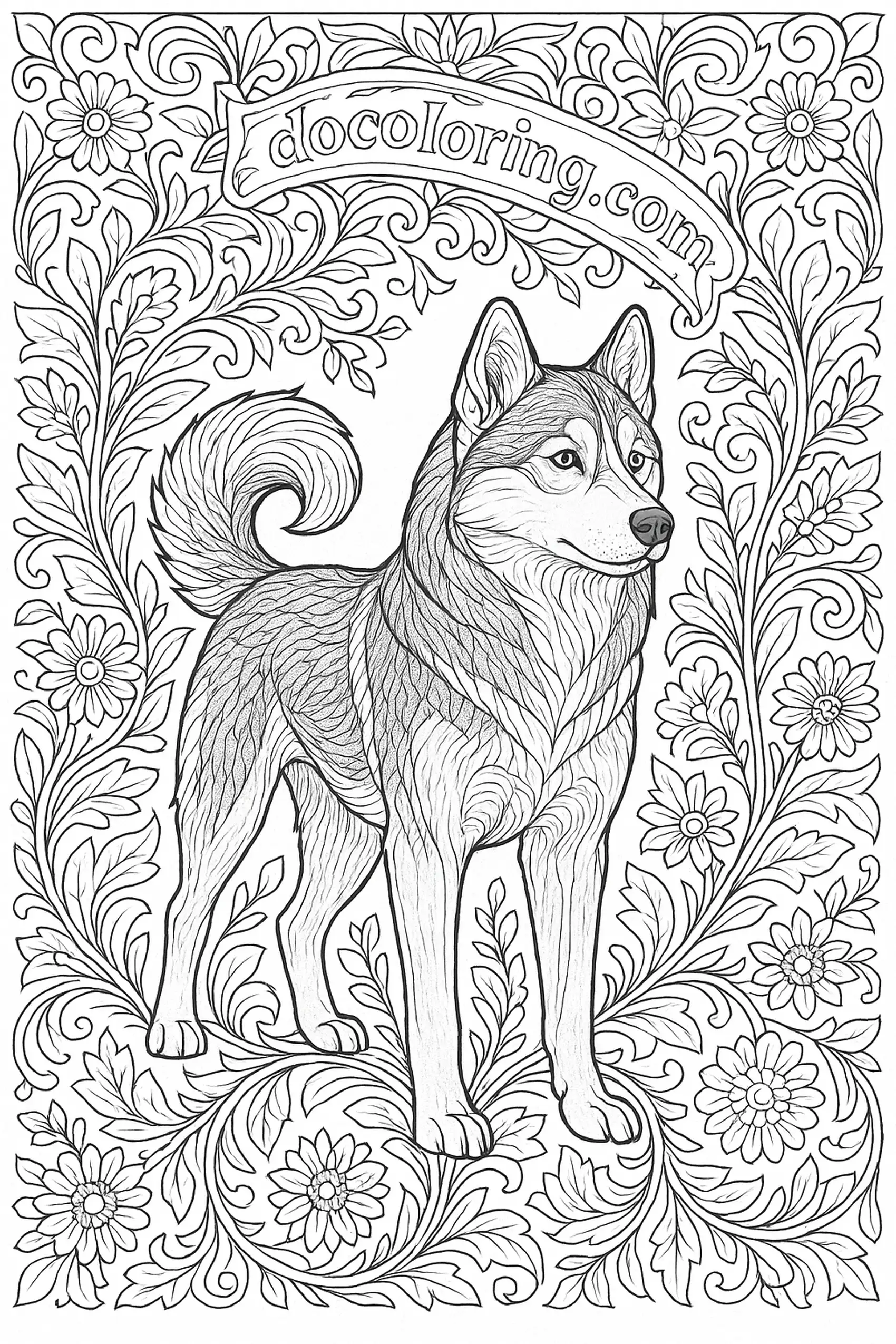 Full body husky portrait framed by dense floral scrollwork. Tail curls high; mask is symmetrical; an arched ribbon spans the top with elegant letterforms.