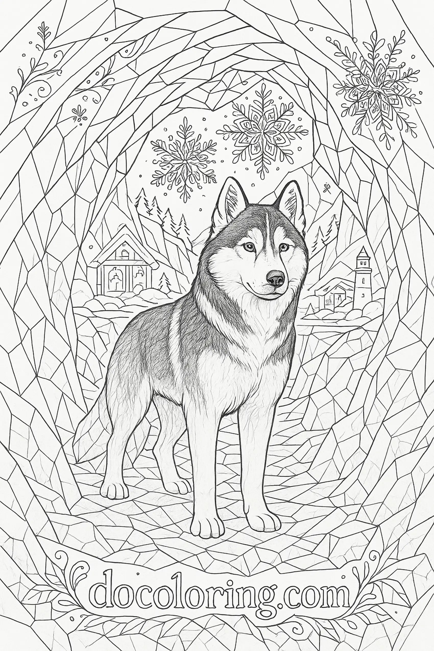 An adult stands centered beneath a faceted ice arch; oversized snowflakes hang above while cabins and a lighthouse dot the valley behind the crystal walls.