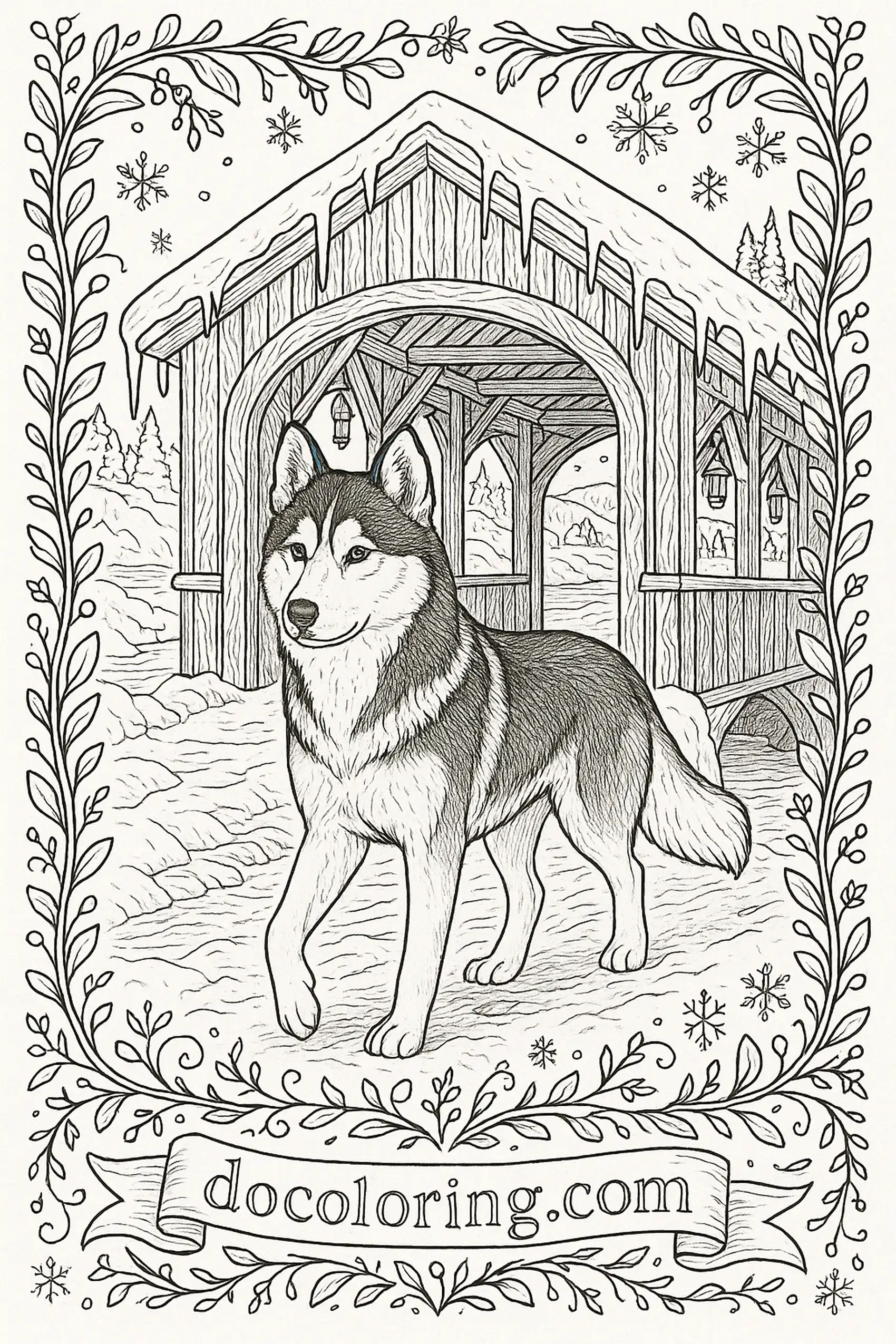 A Siberian husky steps forward in front of a wooden covered bridge trimmed with icicles; lanterns hang inside the beams, and snowy banks and pines sit beyond the span.