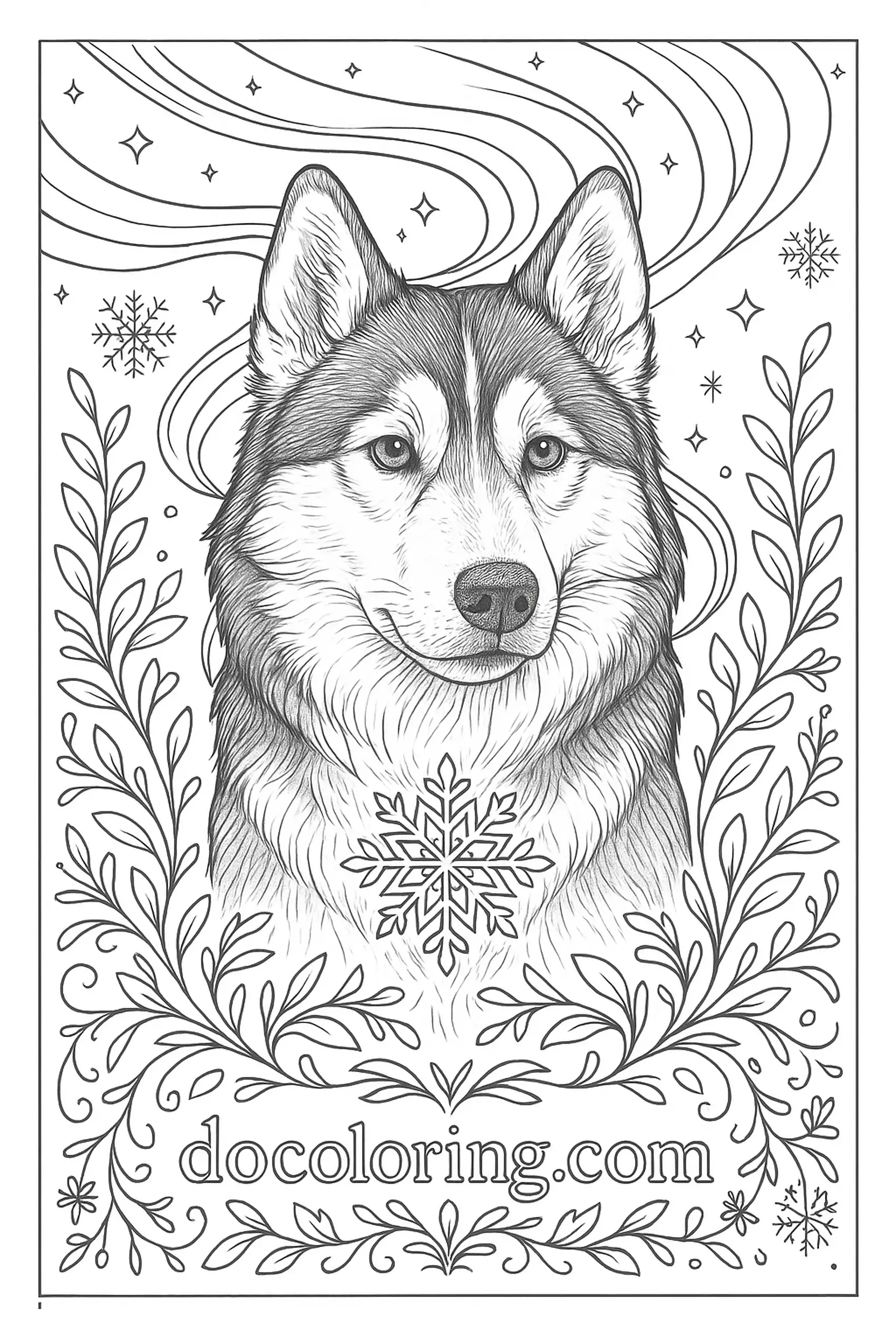 Close head-and-chest portrait of an adult Siberian husky with a symmetrical mask; a snowflake medallion and curling leaves sit below, aurora lines above.