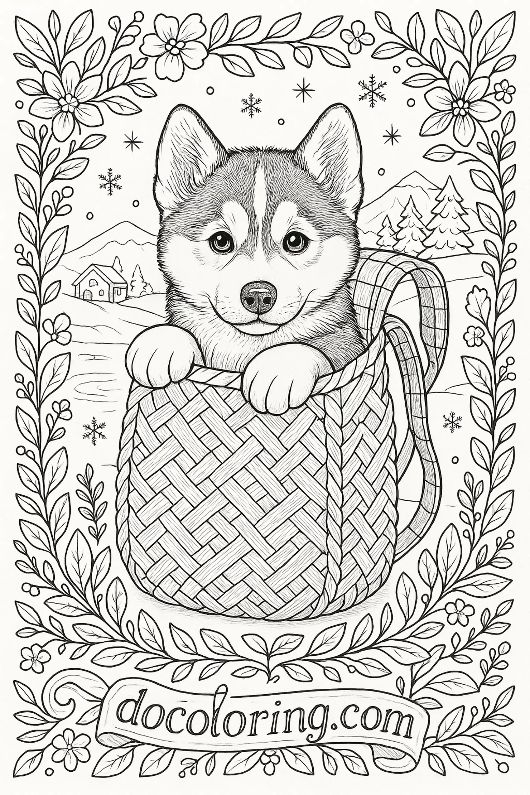 A puppy peeks over the rim of a basket backpack, paws tucked on the braid; mountains, a lake, and a small cabin sit in the distance.