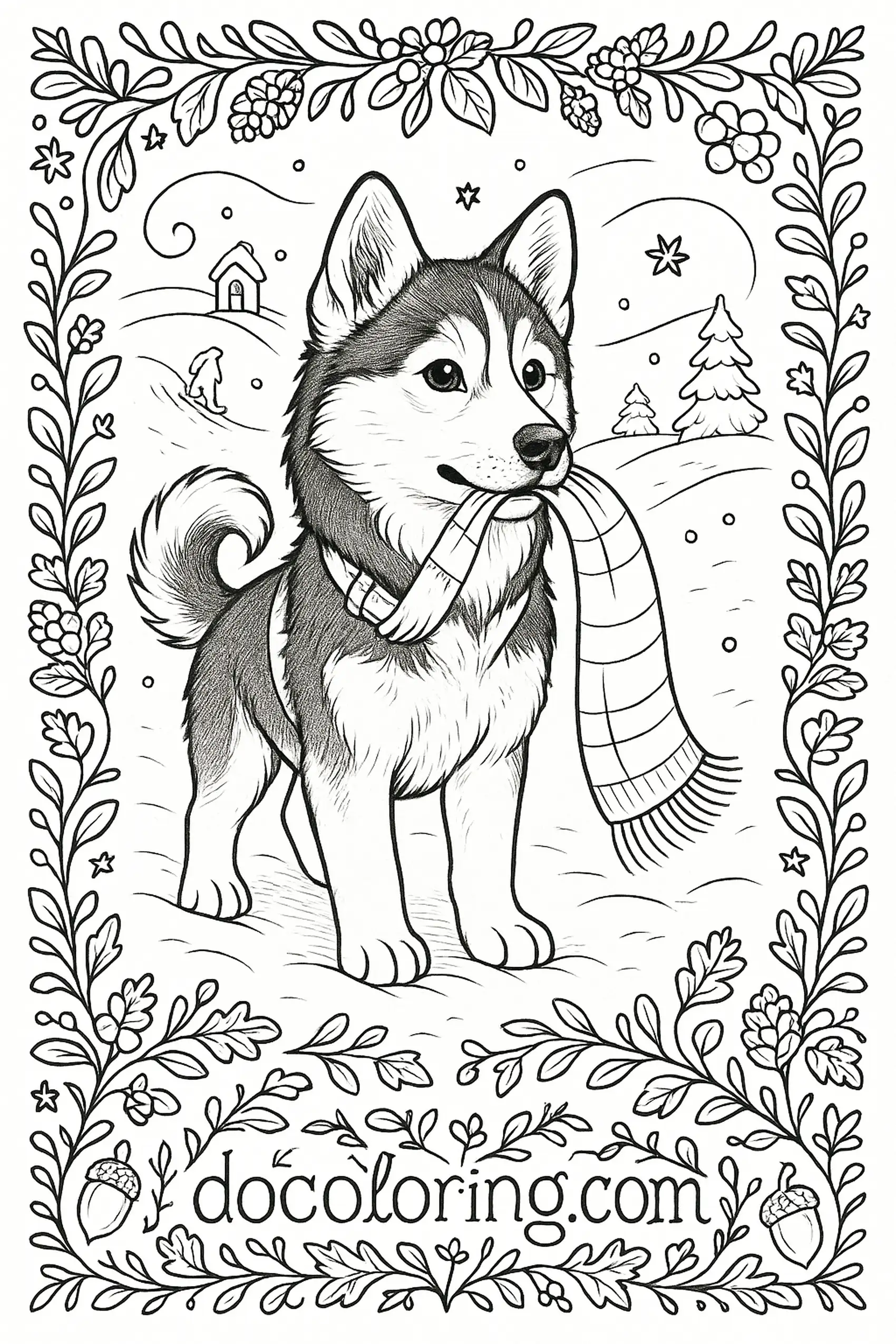 A young Siberian husky stands in fresh snow holding a long plaid scarf; a tiny cabin, trees, and drifting stars curve through the background within an airy floral border.