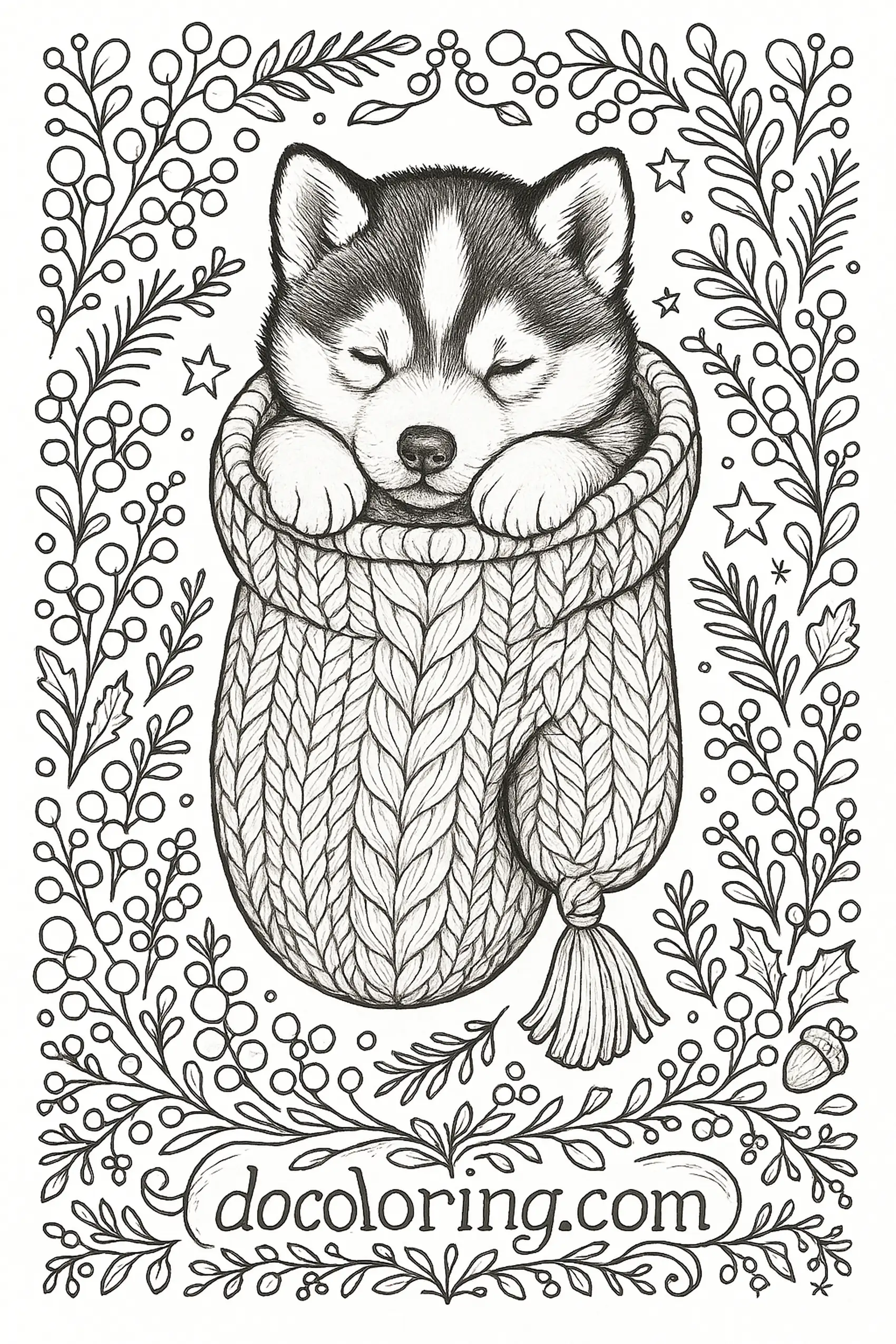 Siberian husky puppy asleep inside a chunky knitted mitten; soft fur and tucked paws, holly and pine sprigs around the frame, clean enclosed stitches for detail.