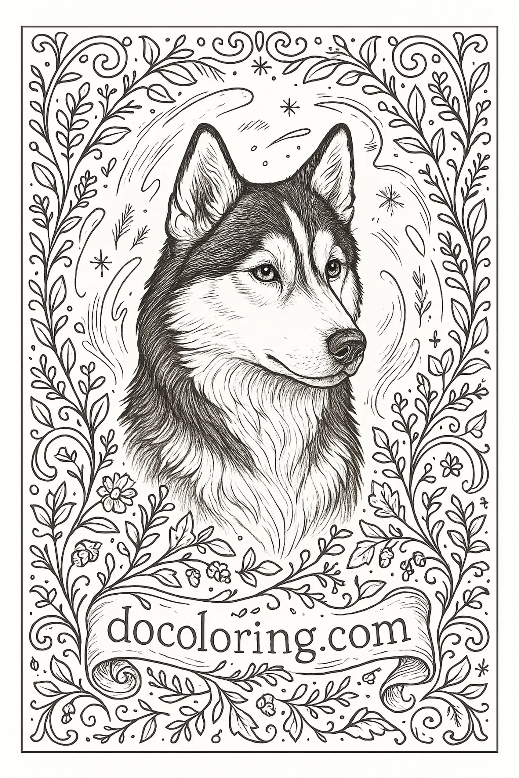A close head and shoulders portrait of a husky with soft fur detail and a floral frame. Line art made for an adult coloring page.