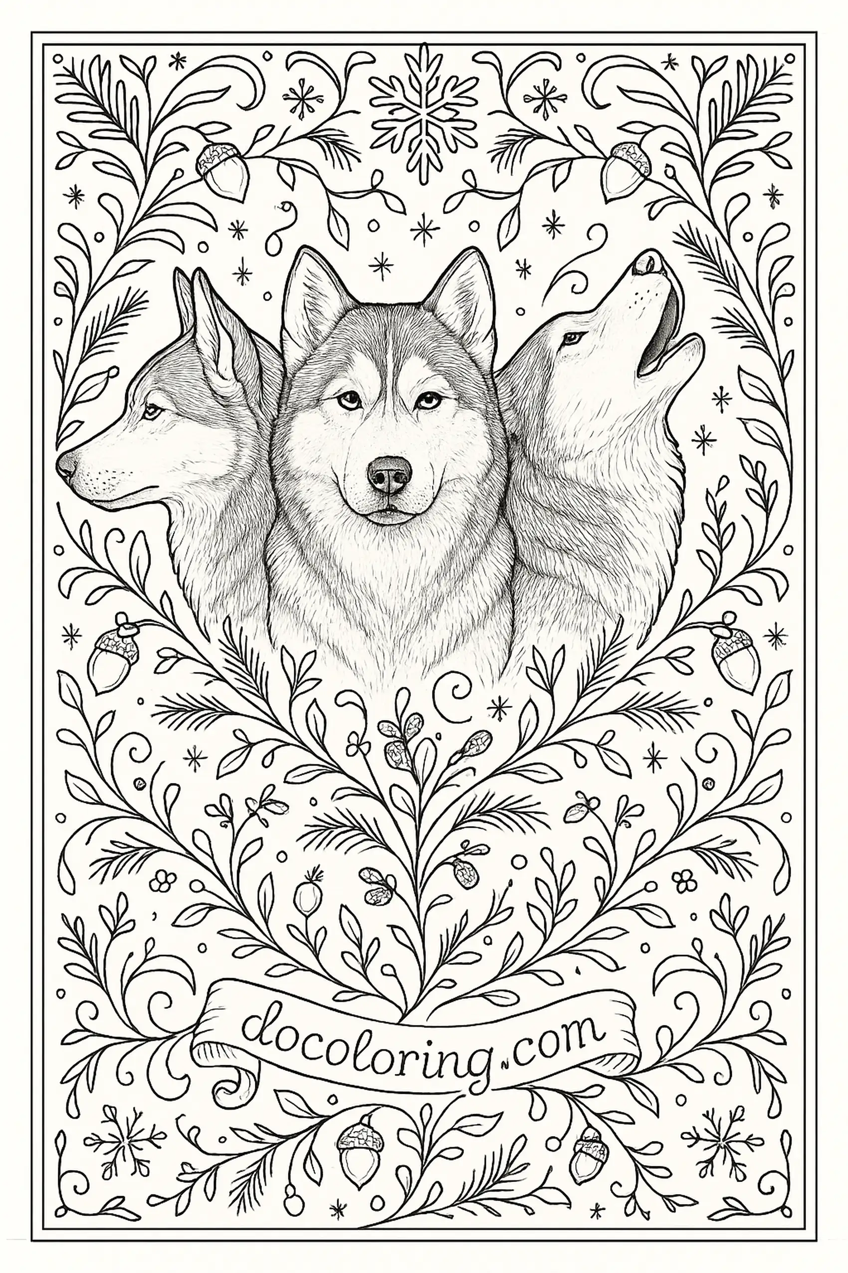 Three adult huskies in one frame. One looks left. One faces forward. One lifts its muzzle to howl. Border of leaves and acorns. Built for an adult coloring page.
