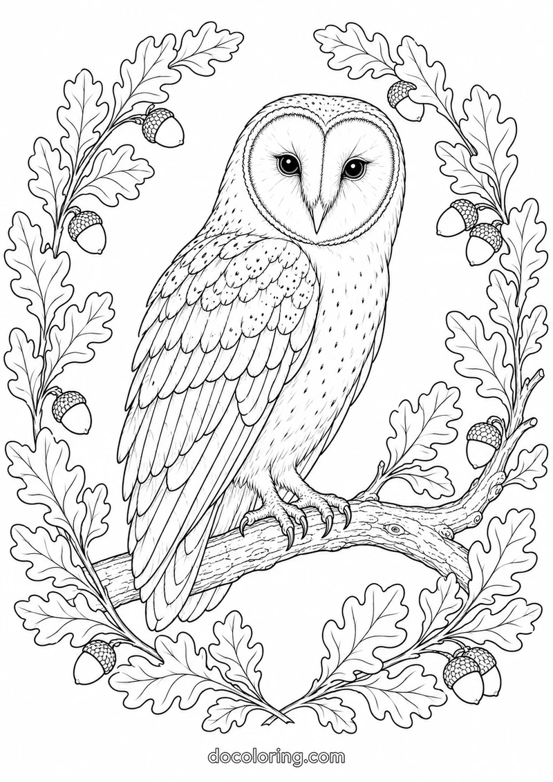 Barn owl surrounded by oak leaves in a black outline coloring sheet.