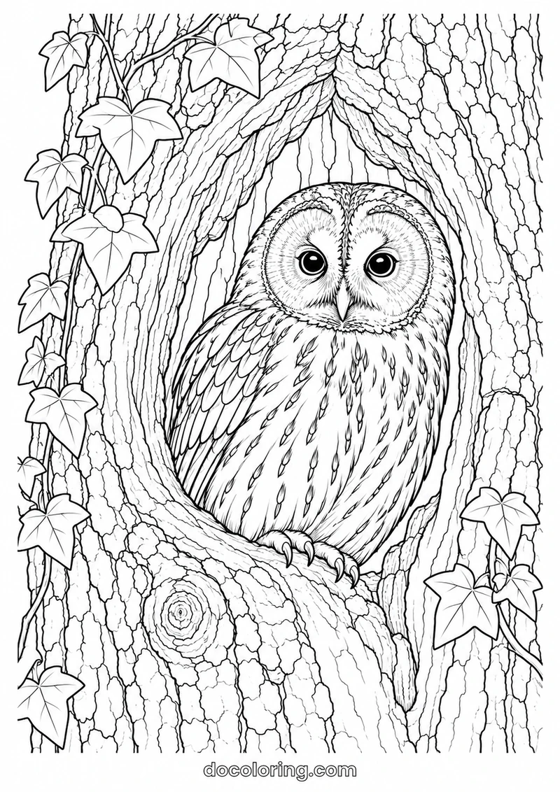 Tawny owl in a tree hollow in a black outline coloring sheet.