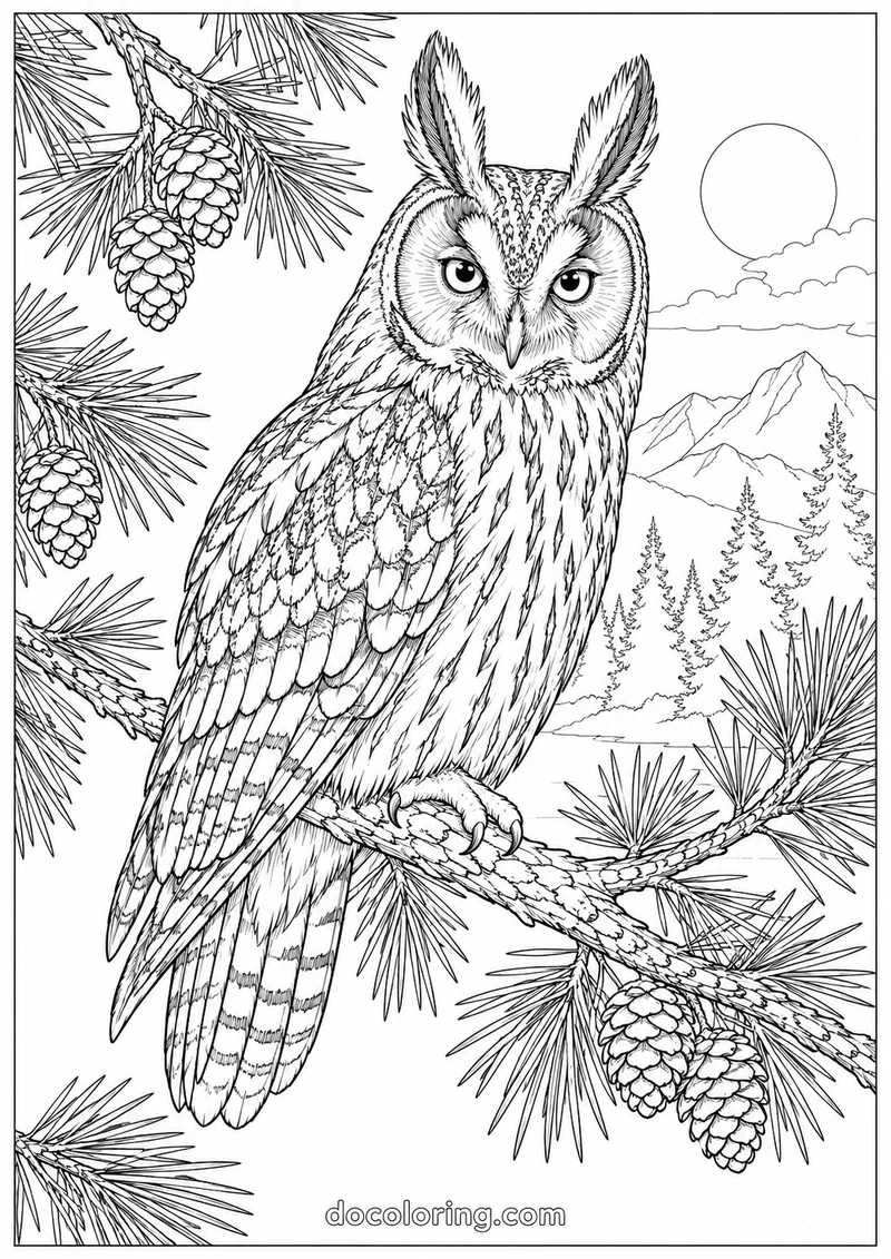 Long-eared owl among pine branches in a black outline coloring sheet.