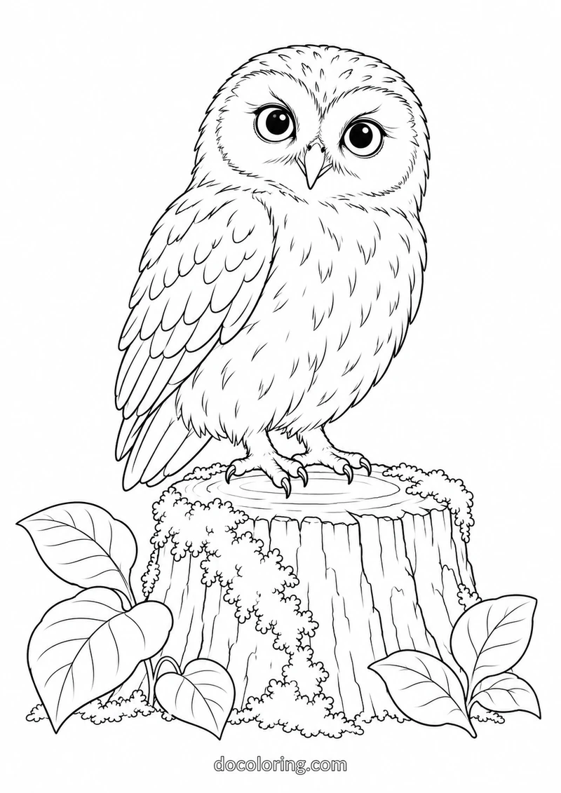 Little owl on a mossy stump in a black outline coloring sheet.