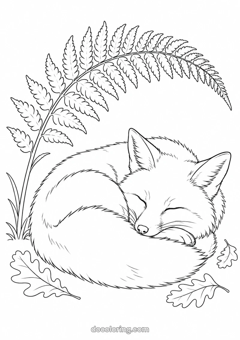 Red fox curled beneath a fern in a black outline coloring sheet.