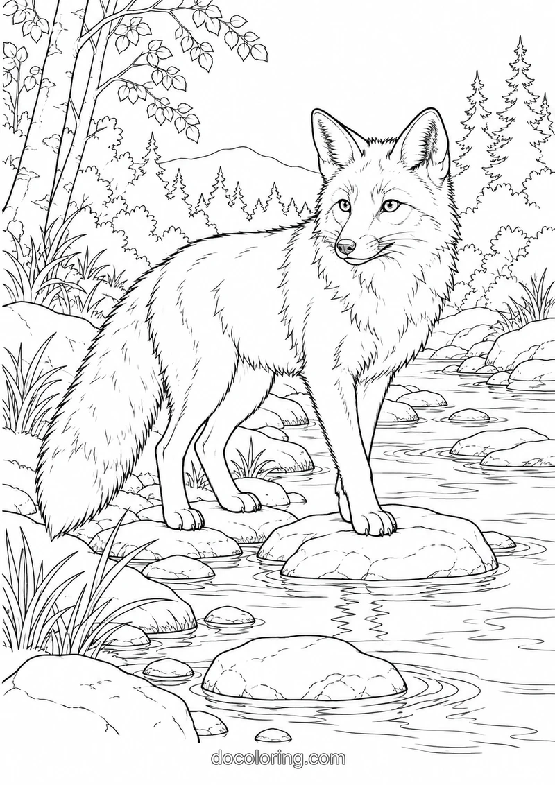 Fox beside a woodland stream in a black outline coloring sheet.