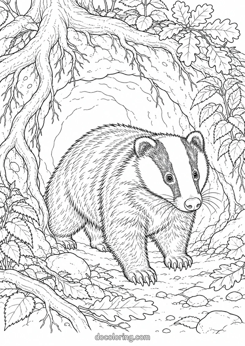 Badger at the entrance to its sett in a black outline coloring sheet.