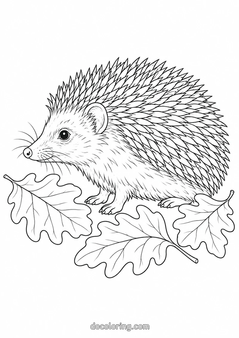 Hedgehog beside fallen oak leaves in a black outline coloring sheet.