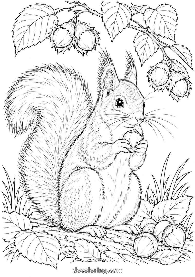Red squirrel gathering hazelnuts in a black outline coloring sheet.