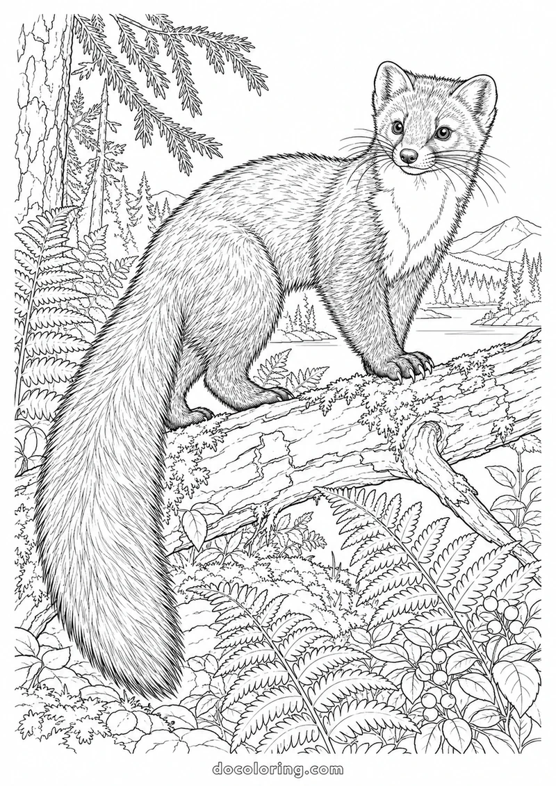 Pine marten on a fallen branch in a black outline coloring sheet.