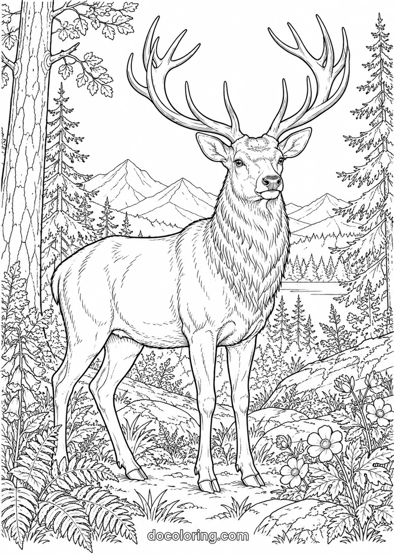 Red deer stag in a forest clearing in a black outline coloring sheet.